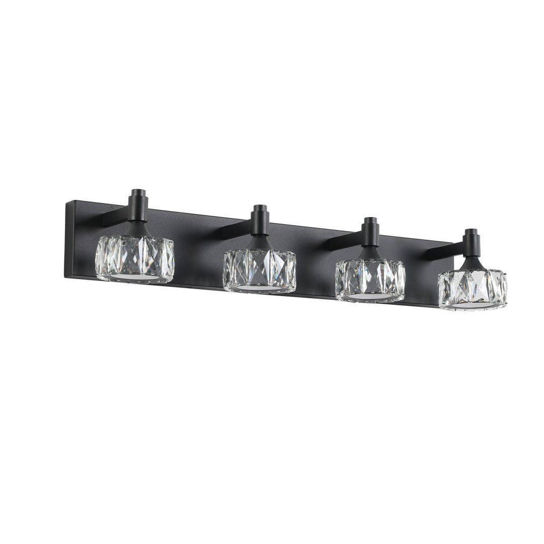 Crystal Glass Vanity Light, 4-Light Matte Black LED Bathroom Fixture