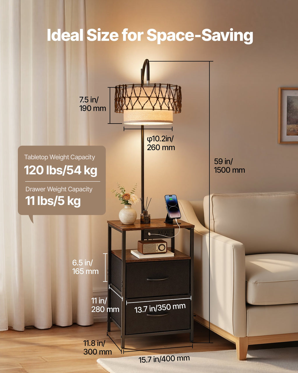 Rustic Industrial Floor Lamp with End Table, Charging Station, Storage Shelf, Black Finish