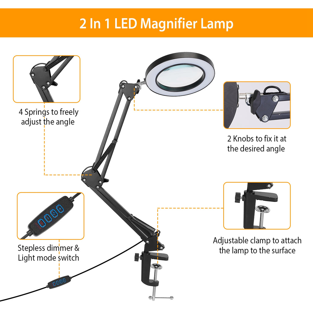 1Pack 2 In 1 LED Magnifier Desk Lamp 8x Magnifying Glass With Light Sw