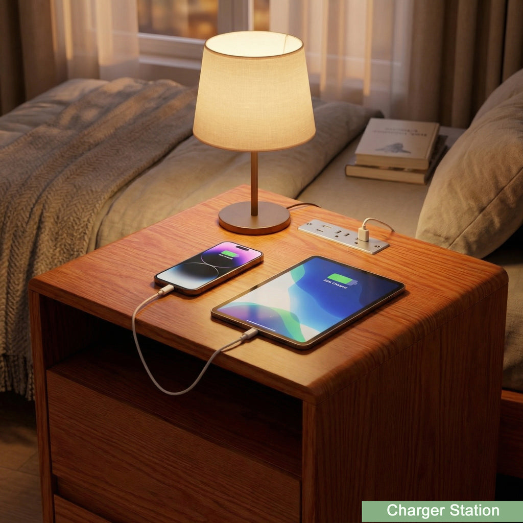 Solid Wood Curved Nightstand with Charging Station, Walnut