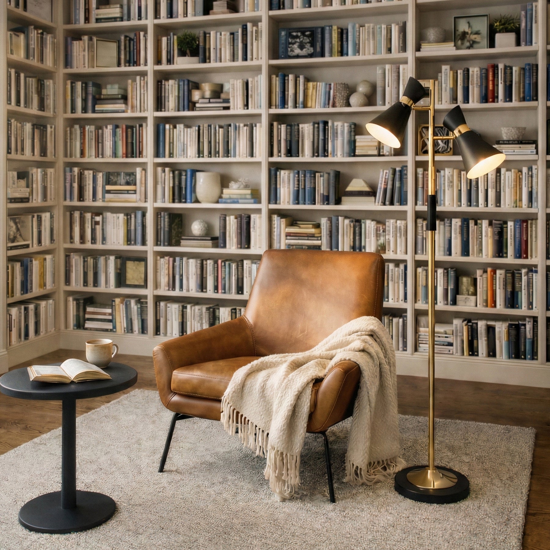 Brass Gold Floor Lamp, 4-Way Switch, Double Spotlights, Metal Base, Black & Gold Finish — detail view