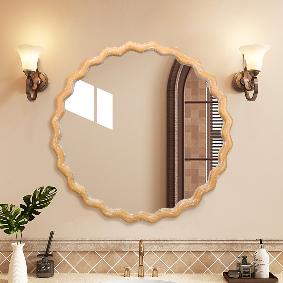 Farmhouse Wood Round Wavy Wall Mirror, Scalloped Vanity Mirror, Antique Natural, 27.5 in. for Bathroom — detail view 3