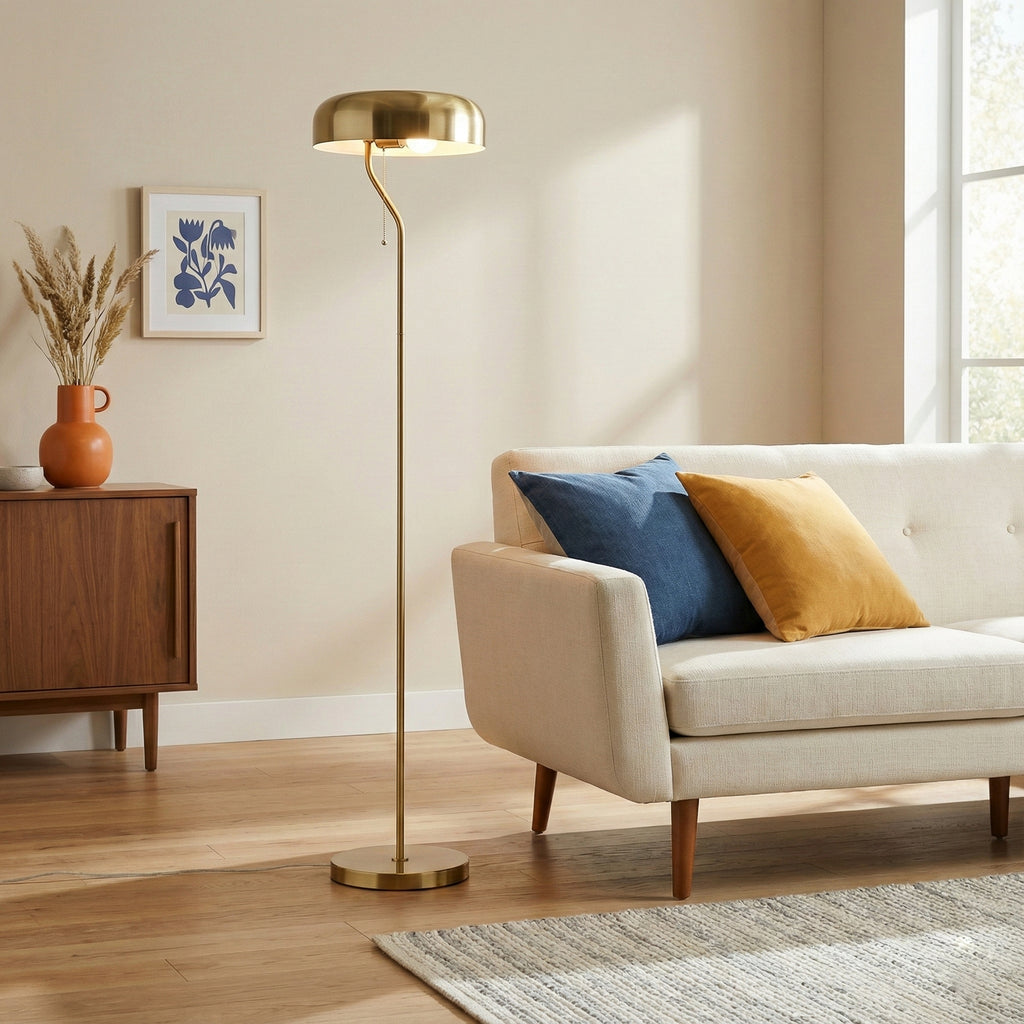 Tall Corner Floor Lamp, Gold Outer & White Inner Shade, Living Room Lighting