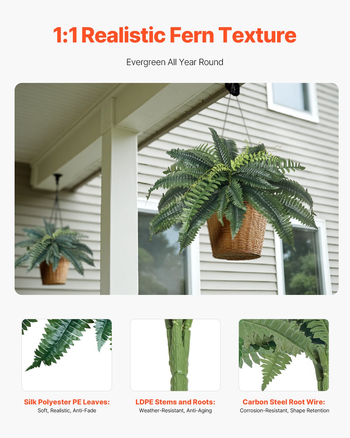 Artificial Fern Plant, Faux Potted Greenery Bush, Green, Set of 2, for Shelf Decor — detail view