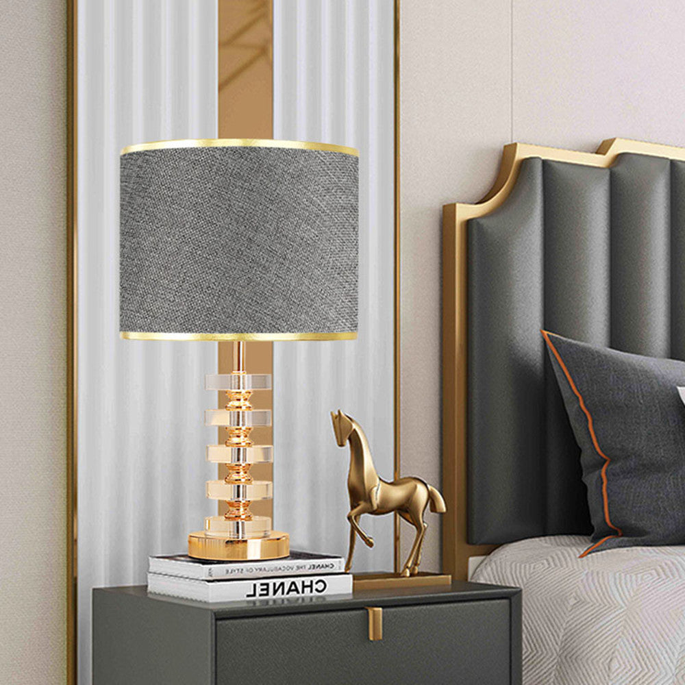 Stacked Crystal Table Lamp, Drum Shade with Gold Trim, 17 Inch