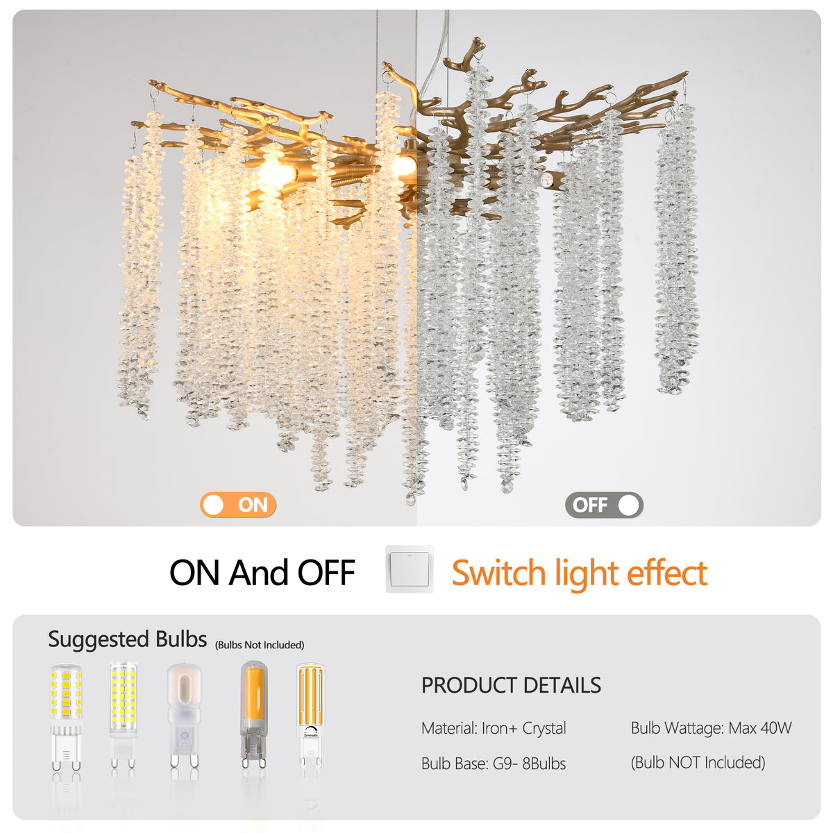 Gold Crystal Pendant Light with Cascading Strands, 24 Inch — detail view 3
