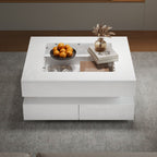 Geometric Glass-Top LED Coffee Table with 3 Drawers, White