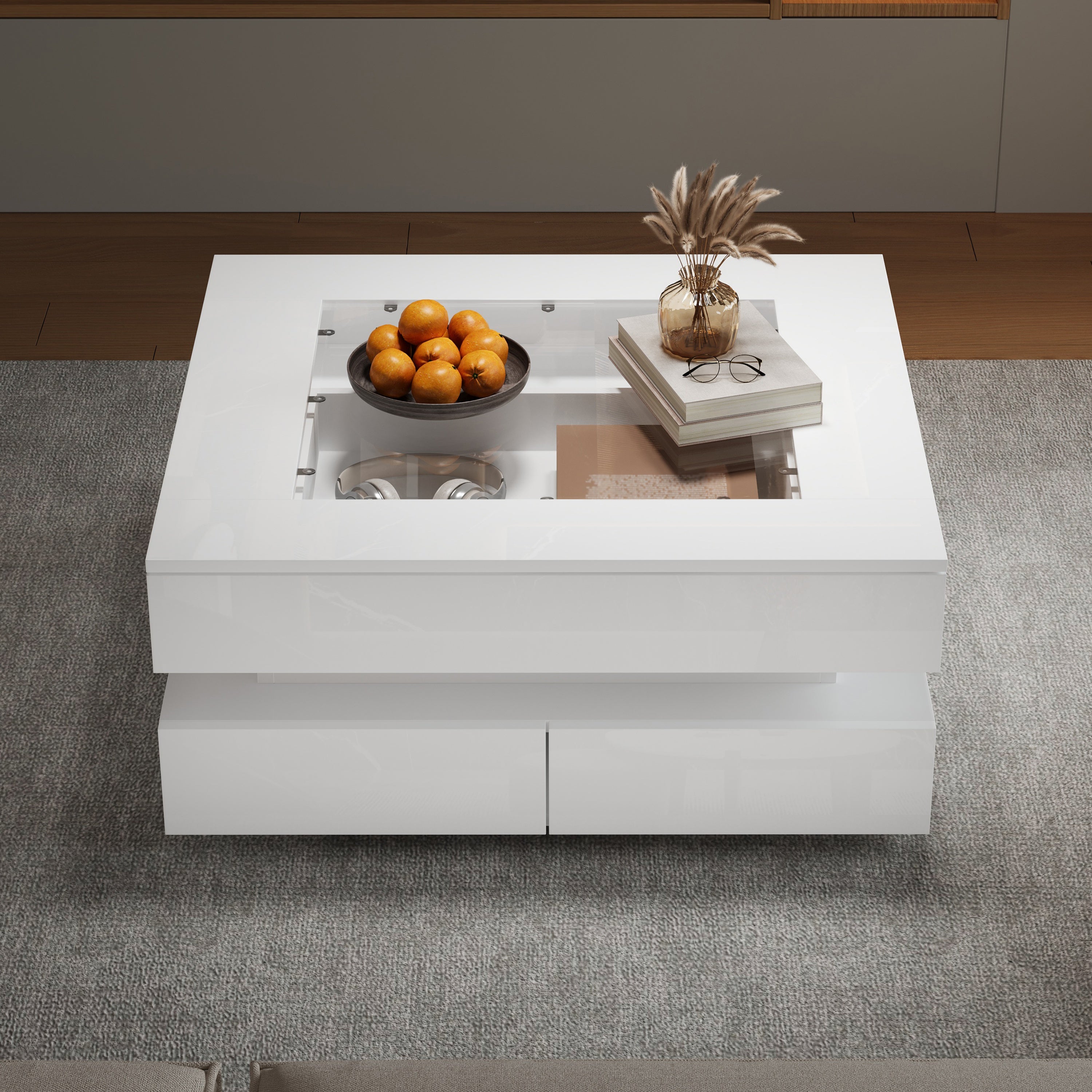 Geometric Glass-Top LED Coffee Table with 3 Drawers, White