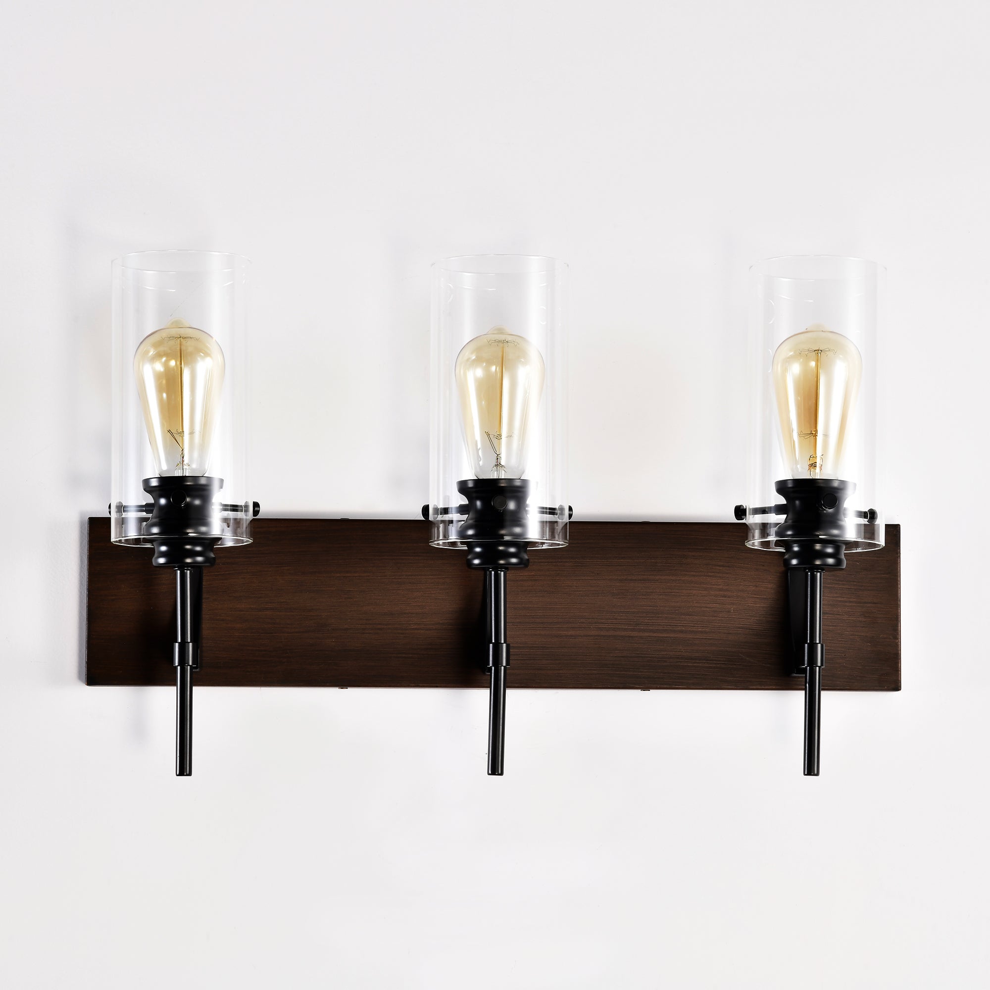 Wood Tone & Black 3-Light Bathroom Vanity Light, Modern Wall Sconce Fixture
