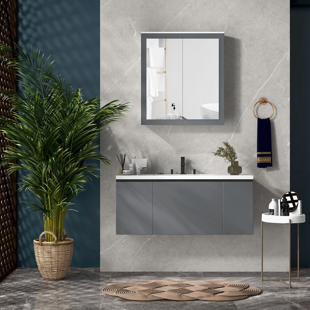 Wall-Mounted Bathroom Mirror Cabinet, Enclosed Cupboard with Adjustable Shelves, White, 36 x 18 in. — detail view