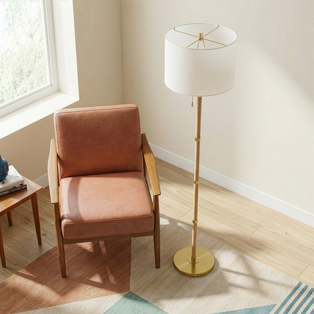 Brass Metal Tube Floor Lamp, Rattan Details, White Linen Shade, Gold Finish