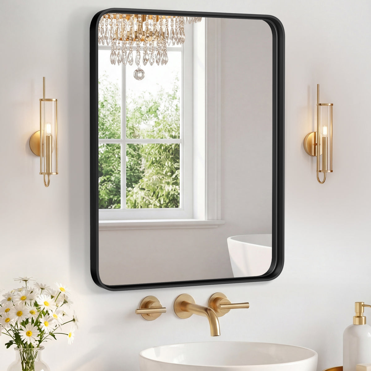 Rectangular Metal Framed Wall Mirror, Black, Silver and Gold, 16x20 and 20x28 in., for Bathroom — detail view 3
