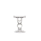 Medium clear glass candle holder with a ball stem and round foot on a plain white background
