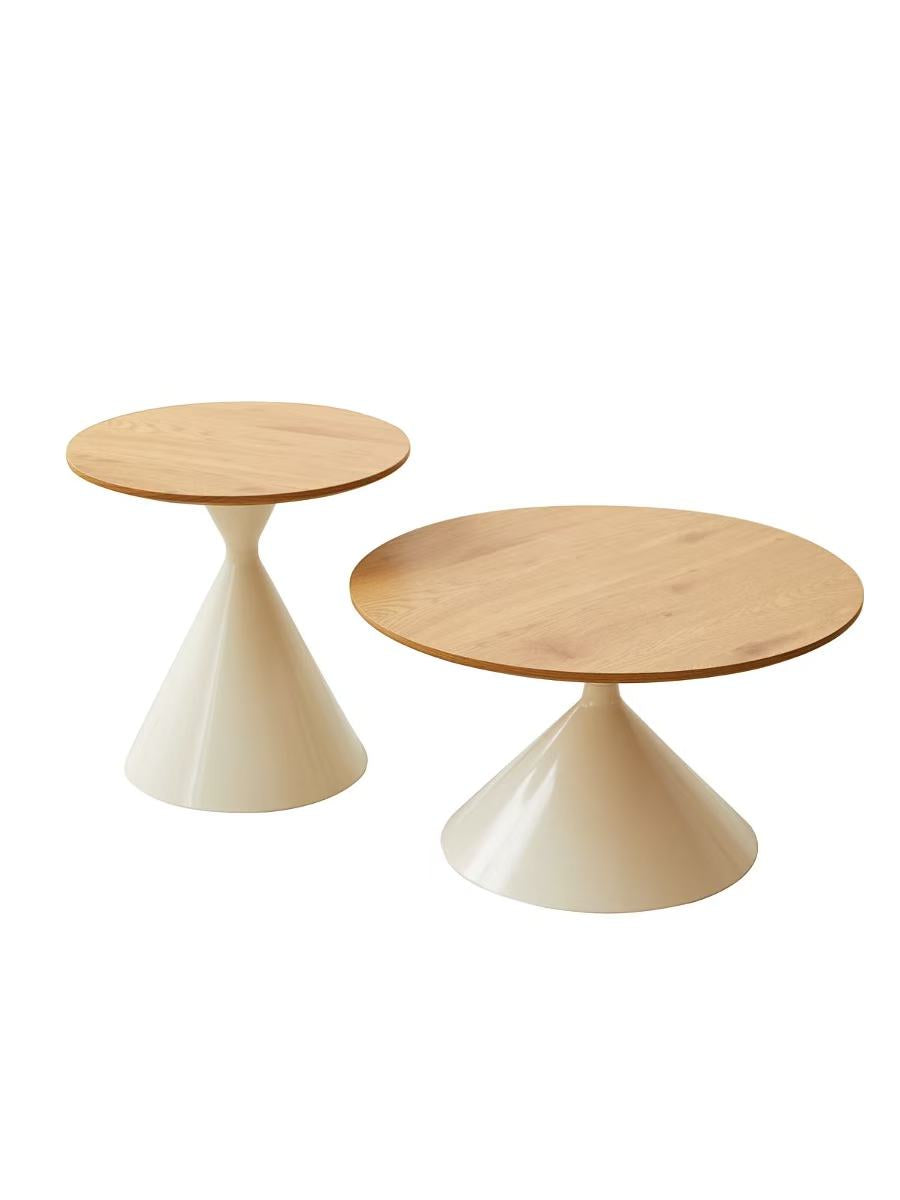 Cone base round coffee table and side table with oak-grain tops and cream bases on a plain white background