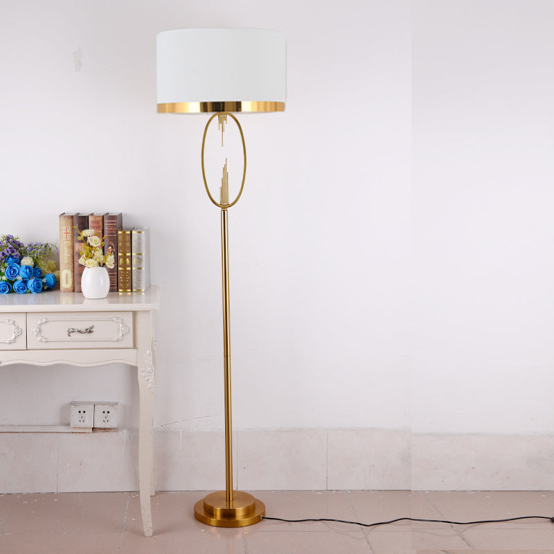 Brass Hoop Floor Lamp with White Drum Shade, 65 Inch