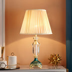 French Crystal Table Lamp, Pleated Shade, Enamel Brass Base