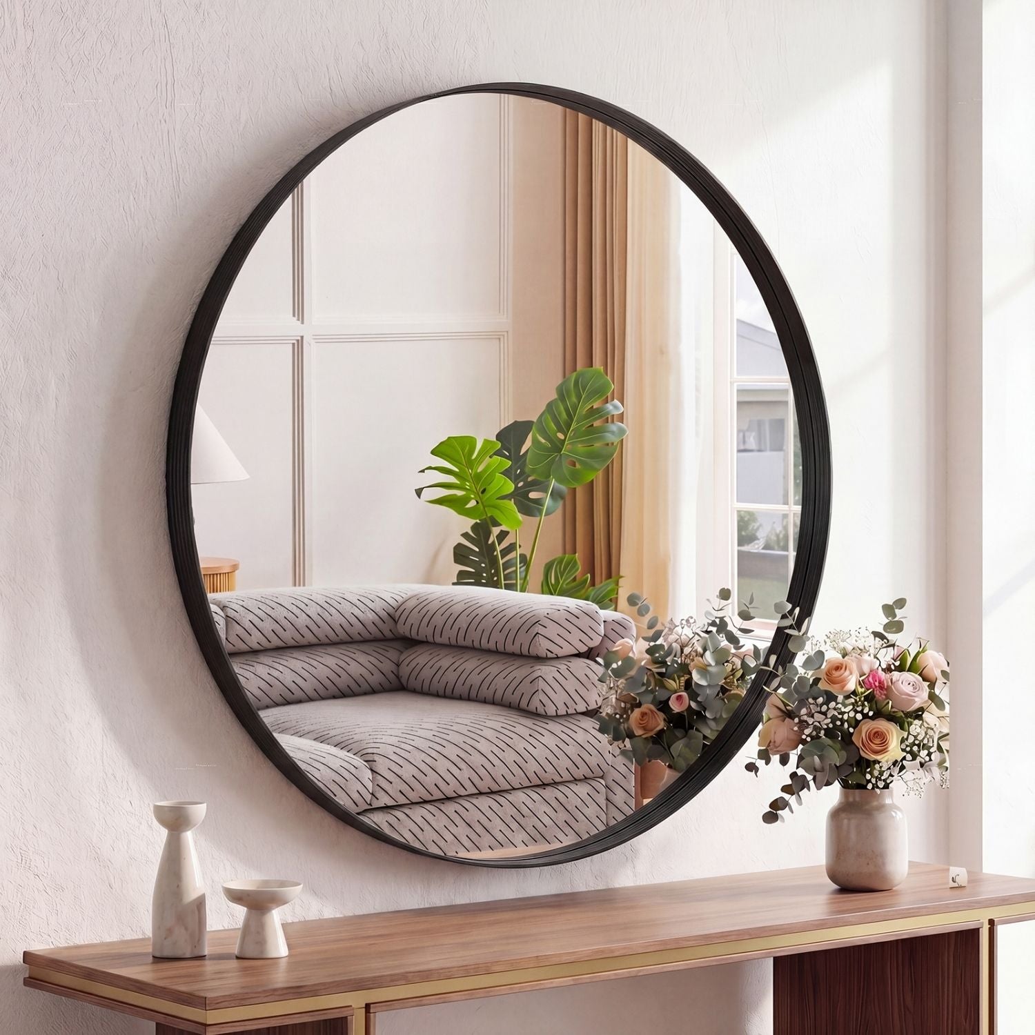 Round Metal Frame Wall Mirror, Slim Circular Border, Black or Gold, 20 to 28 in. for Living Room — Black · 28 in