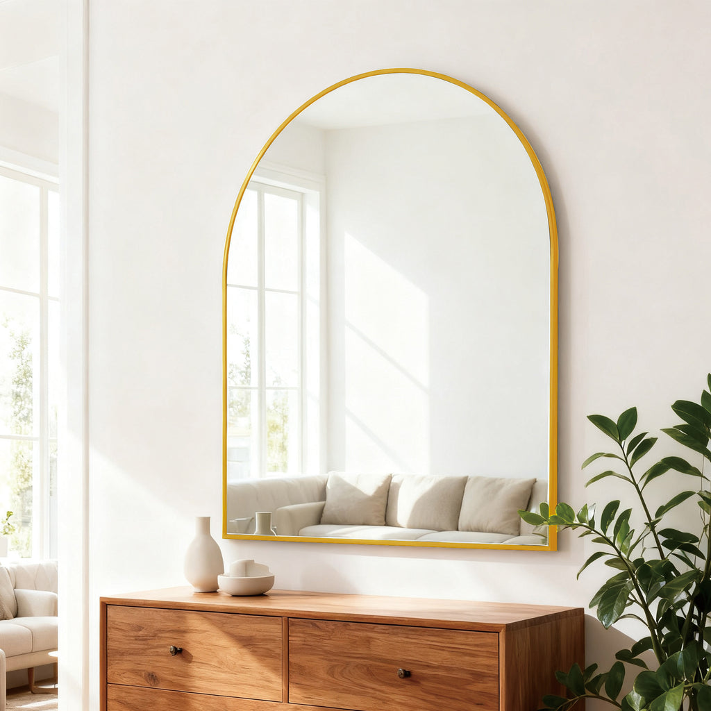 30x36 Inch Gold Metal Framed Arched Bathrrom Mirror For Wall.