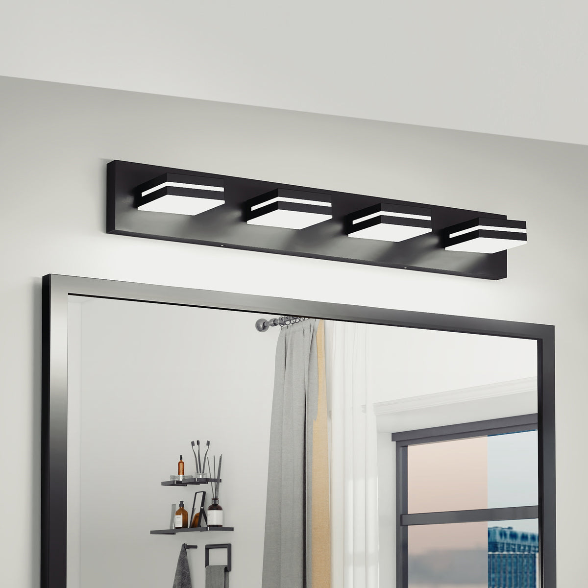 Modern LED Vanity Light Bar, Geometric Chrome Heads, Silver Finish for Bathroom Mirror