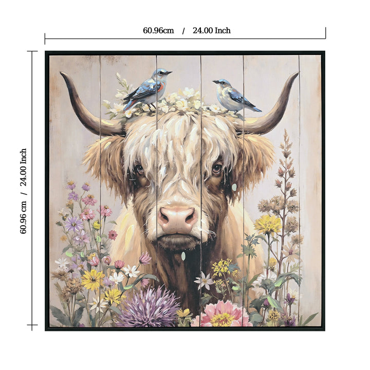 Dimension diagram for Farmhouse Highland Cow Canvas Wall Art, Rustic Floral Print, Lilac and Brown, for Bathroom