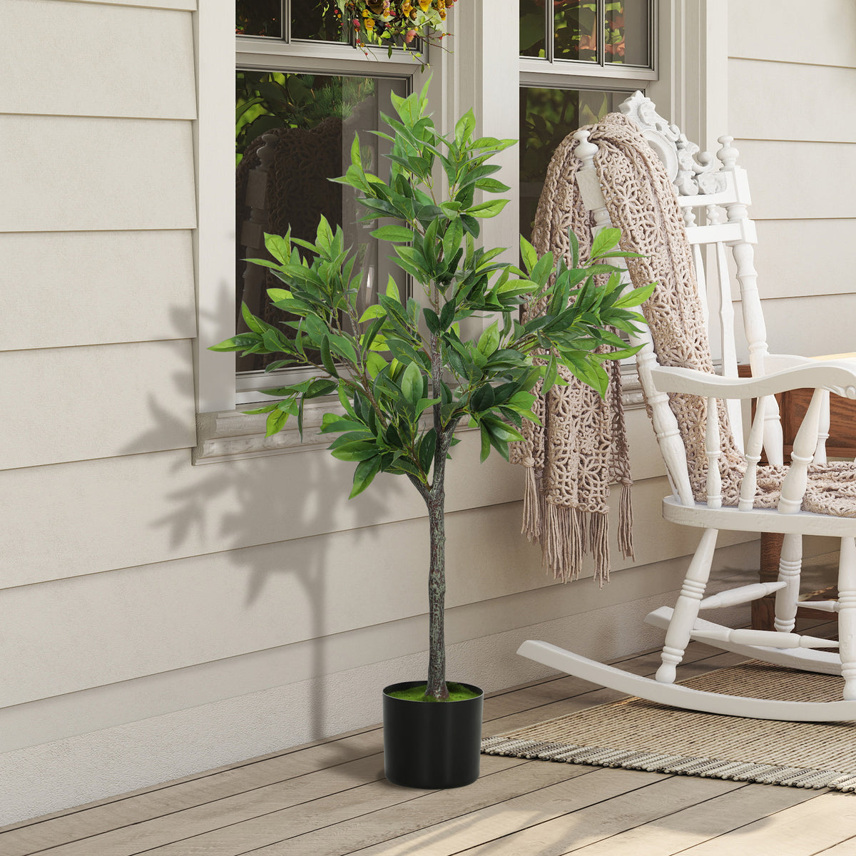 Artificial Laurel Tree, 37 in. Faux Potted PEVA Plant, Green, for Living Room Corner — detail view