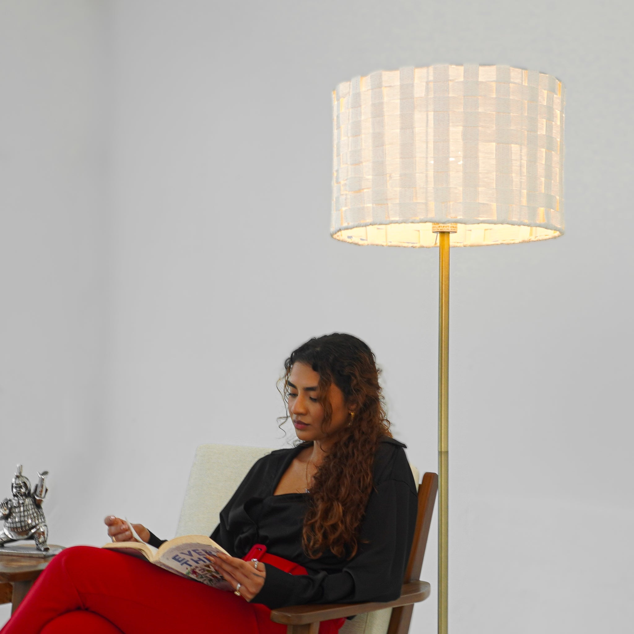 Minimalist Marble-Base Floor Lamp, Slim Silhouette, Neutral Fabric Shade, Gold Finish