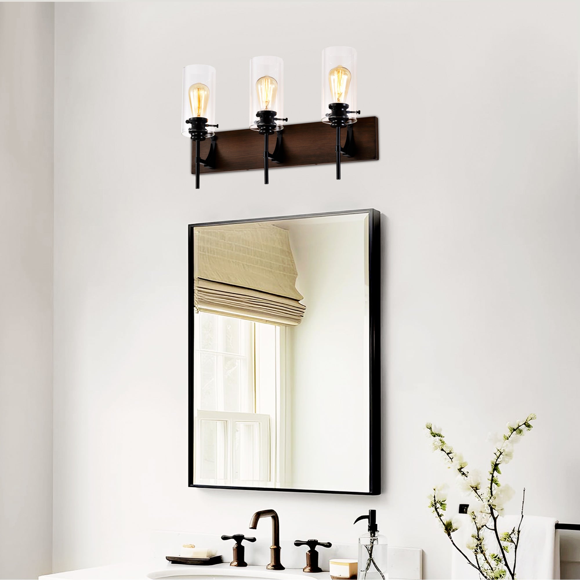 Matte Black & Wood 3-Light Bathroom Vanity Light, Modern Wall Sconce Fixture