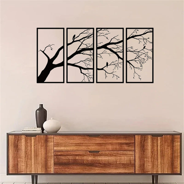 Modern Aluminum Wall Art, Branch and Flying Bird Design, Set of 4 for Living Room — detail view 3