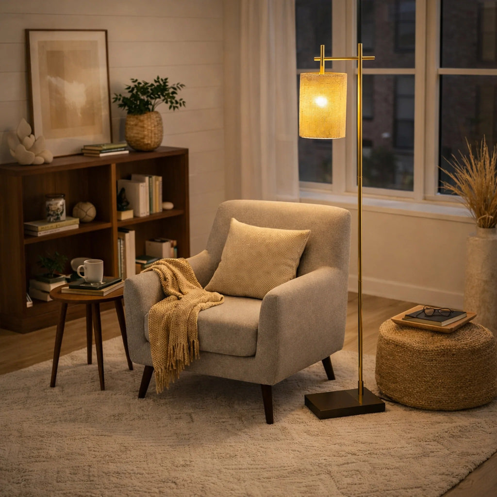 Tall Corner Floor Lamp, Bamboo Lampshade, Dark Brown & Gold Finish