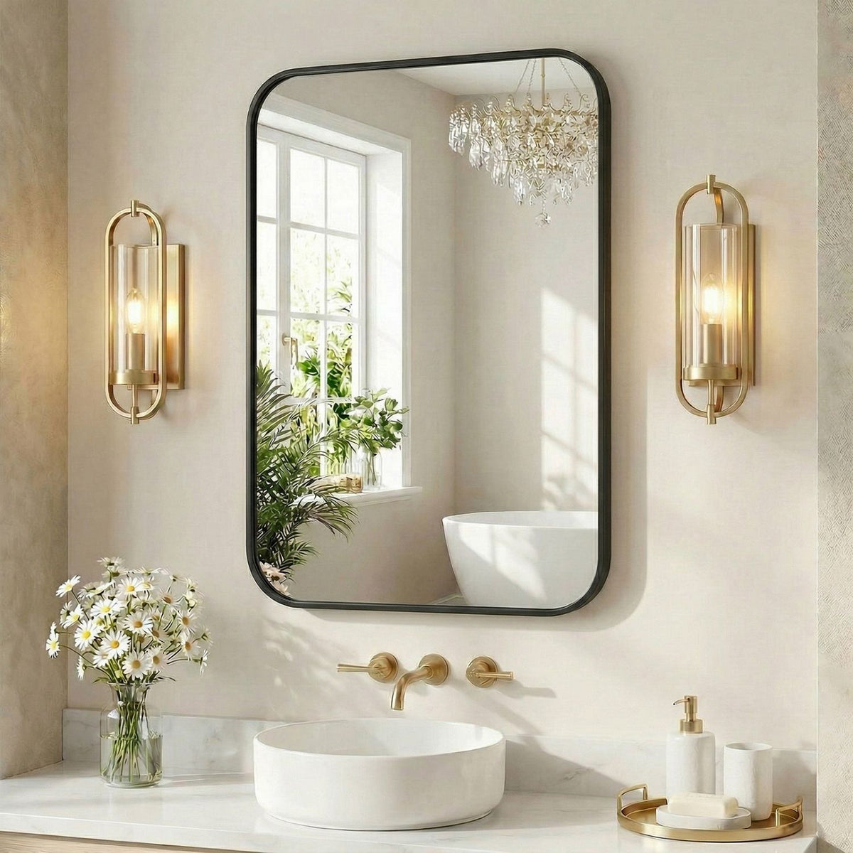 Rectangular Metal Frame Wall Mirror, Thin Border, Black or Gold, Multiple Sizes for Bathroom — detail view 2