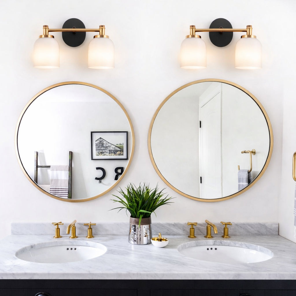 Traditional 2-Light Vanity Wall Sconce, White Frosted Glass, Black and Gold for Bathroom — detail view 2