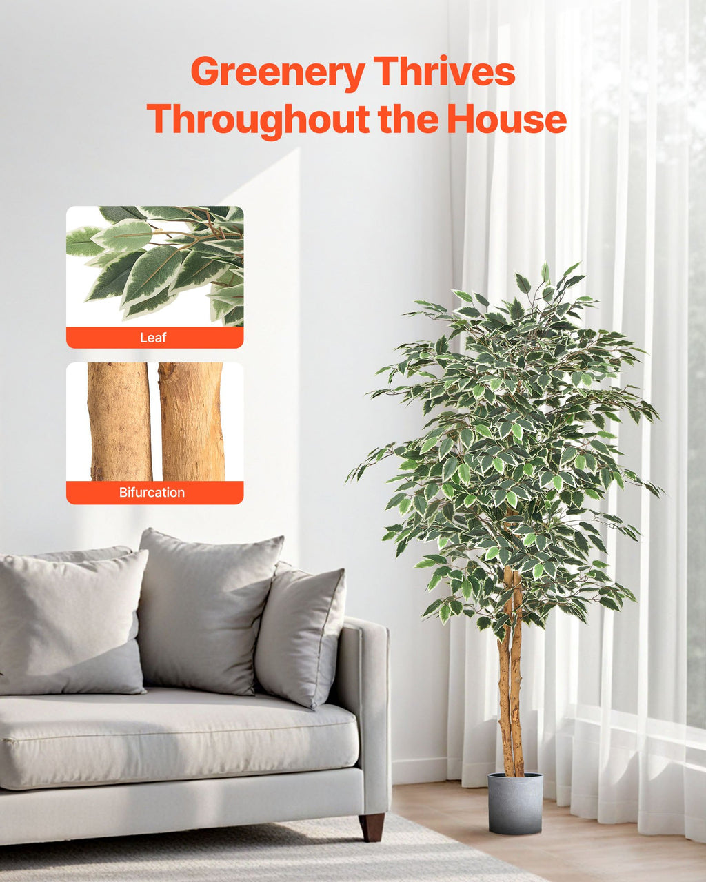 5FT Artificial Ficus Tree Tall Faux Plant With Black Pot For Indoor De