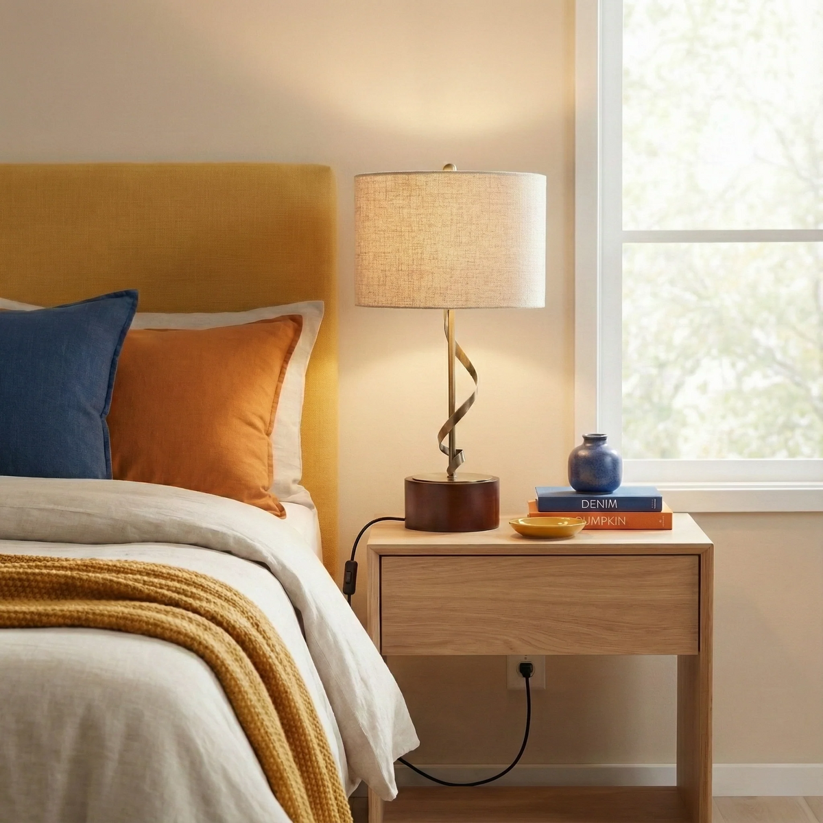 Solid Wood Bedside Nightstand Reading Lamp, White Finish — detail view 3