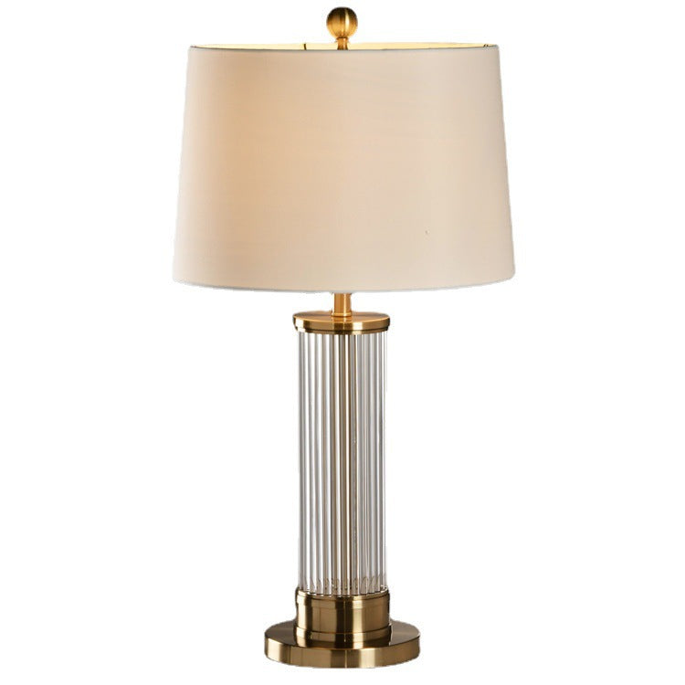 Fluted Glass Column Table Lamp, Brass Base, Tapered Shade