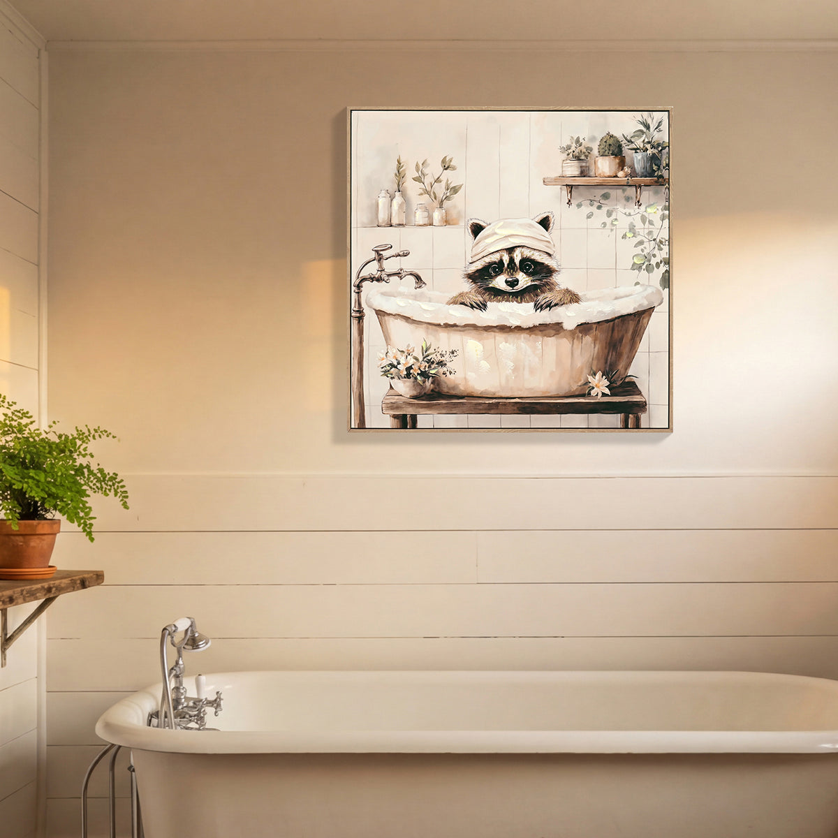 Funny Raccoon Canvas Wall Art, Raccoon in Bathtub Print, Black and White, for Bathroom — detail view 3