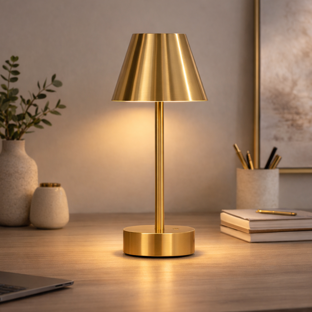Rechargeable LED Table Lamp, Cordless Touch Switch, Antique Brass, for Bedroom — detail view