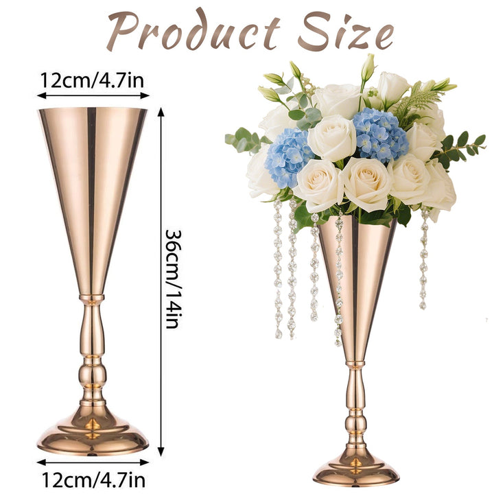 Dimension diagram for Gold Metal Trumpet Flower Vase, Wedding Centerpiece, Set of 10 for Dining Table