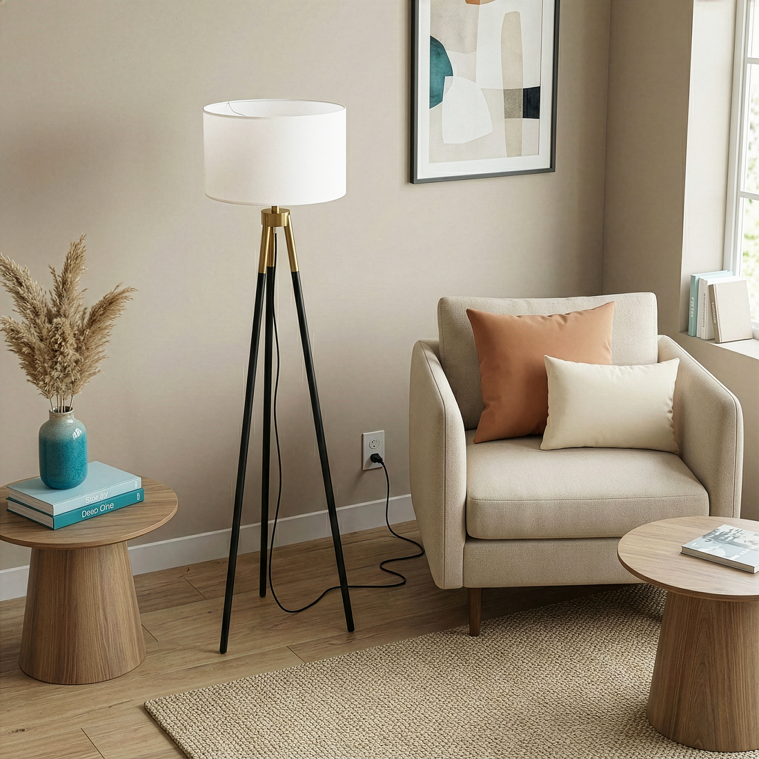 Brass Gold Tripod Floor Lamp, Triple Legs, White Fabric Shade, Black & Gold Finish