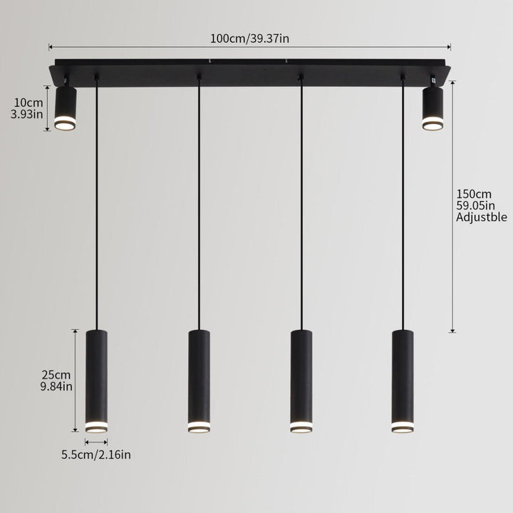 Dimension diagram for Modern Cylinder Kitchen Island Pendant Light, 6-Light, Matte Black, 39 in.