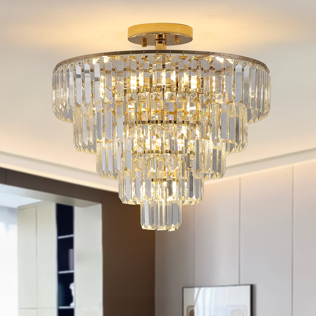 Gold K9 Crystal Chandelier, Elegant Ceiling Light Fixture, 19.3 in. — detail view
