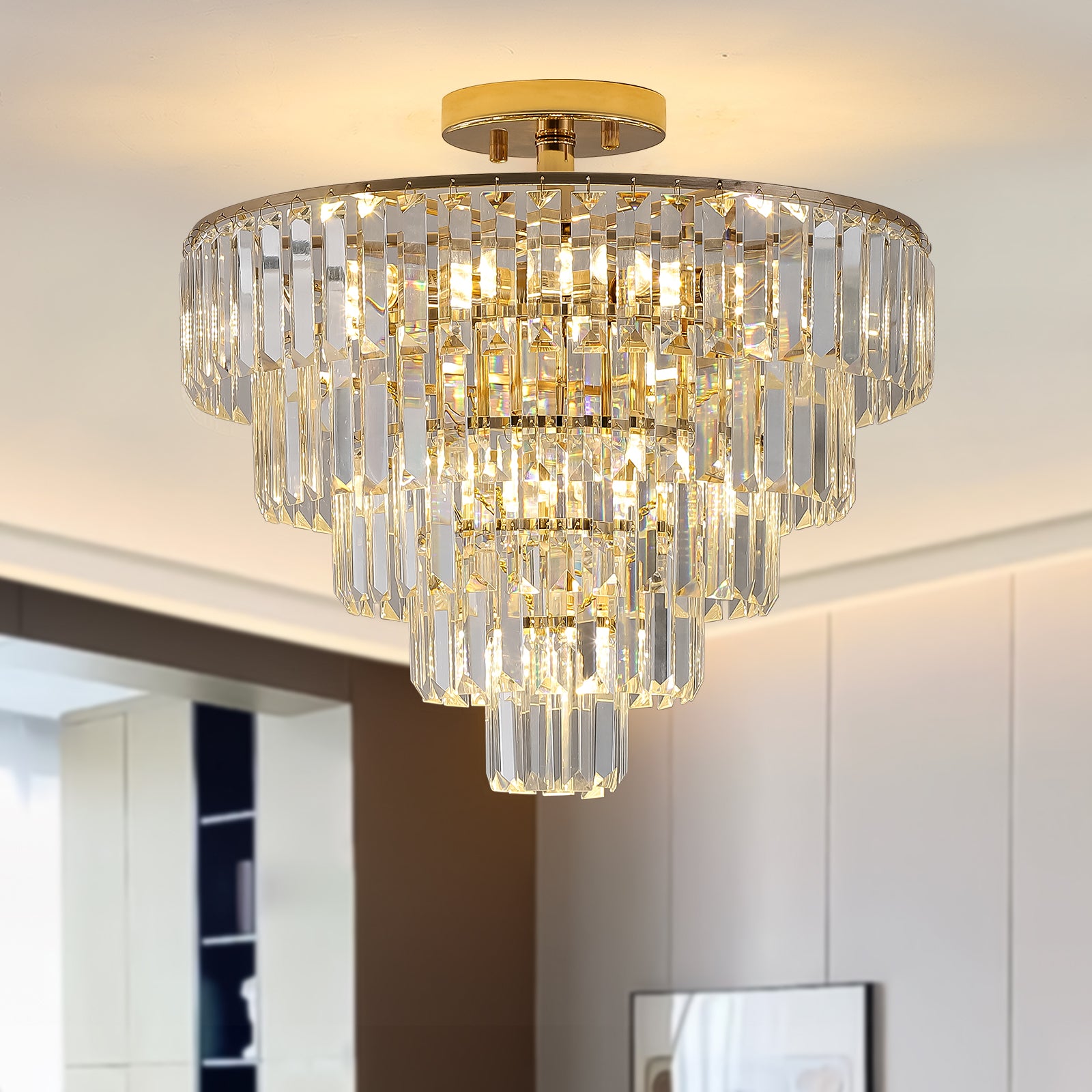Gold K9 Crystal Chandelier, Elegant Ceiling Light Fixture, 19.3 in. — detail view