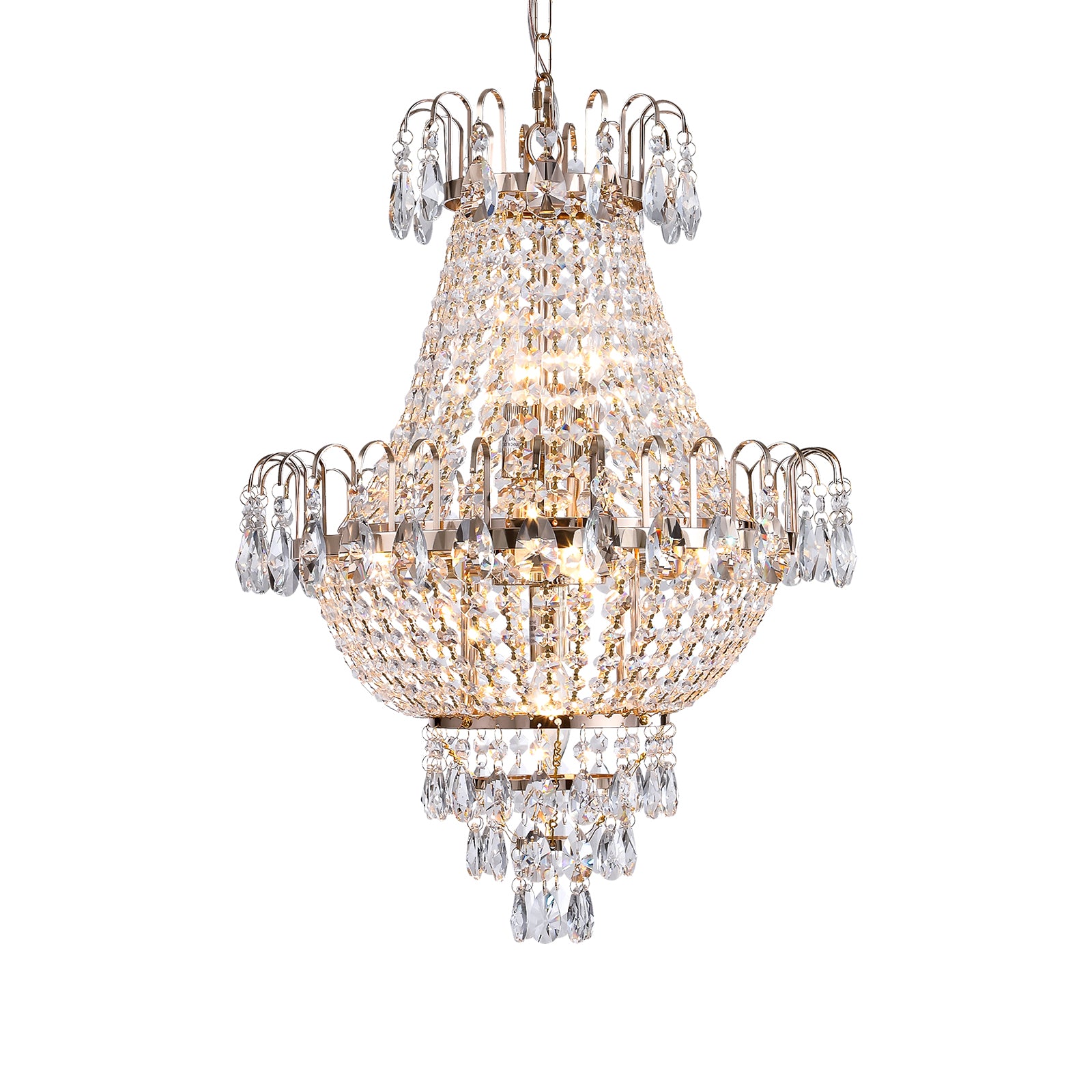 Gold Crystal Chandelier, Iron Frame, 17 In. Wide × 59 In. Tall
