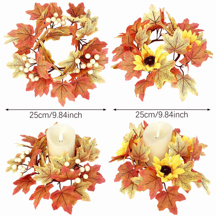 Dimension diagram for Autumn Maple Leaf Fall Candle Rings, Wreath Candlestick Decor, 9.8 in., Set of 2 for Dining Table