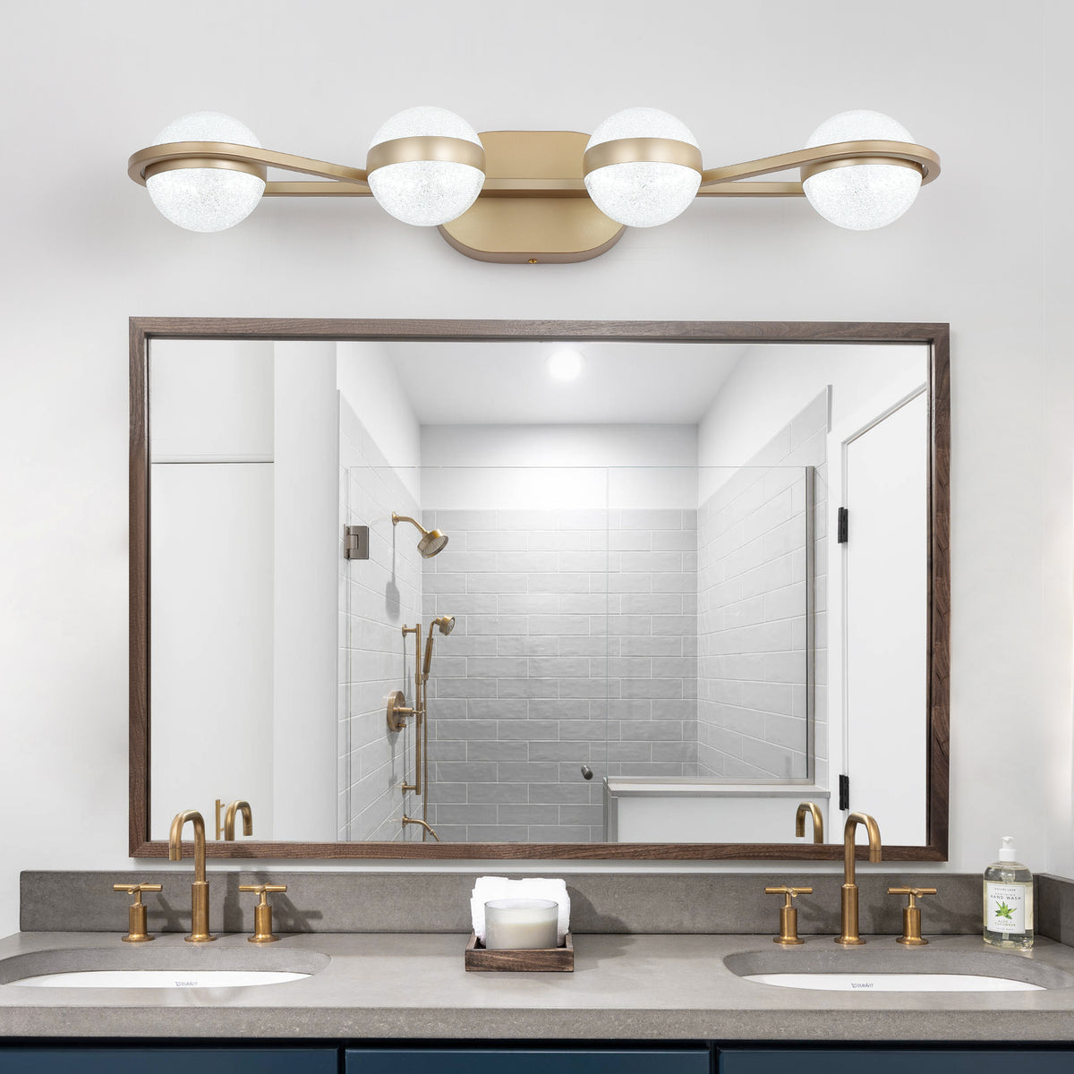 Minimalist LED Bathroom Vanity Light, 28 in. 4-Light Crystal Sand Acrylic, Gold — detail view
