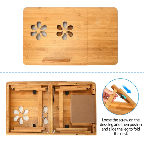Bamboo Laptop Desk Breakfast Serving Bed Tray Foldable Leg Multi-Posit