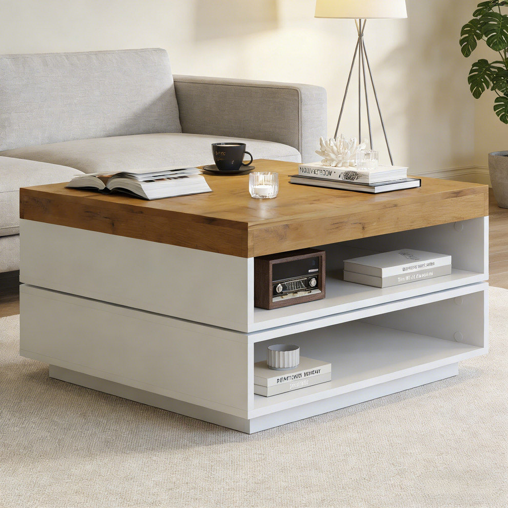 Square Swivel LED Coffee Table with Storage, White and Wood