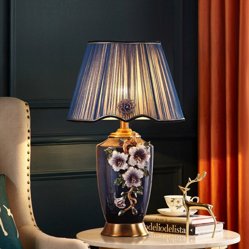 Enamel Ceramic Table Lamp, Floral Relief, Pleated Shade