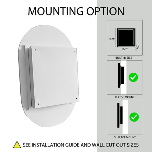 Dimension diagram for Oval Recessed Medicine Cabinet with Mirror, Metal Frame, White, 20x34 in., for Bathroom