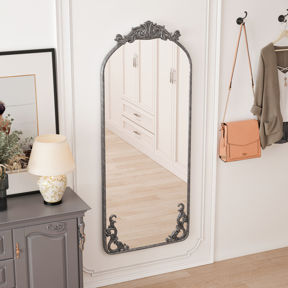 Arched Full-Length Floor Mirror, Vintage Ornate Carved Applique, Antique Silver, 58x24 in., for Bedroom — detail view 5