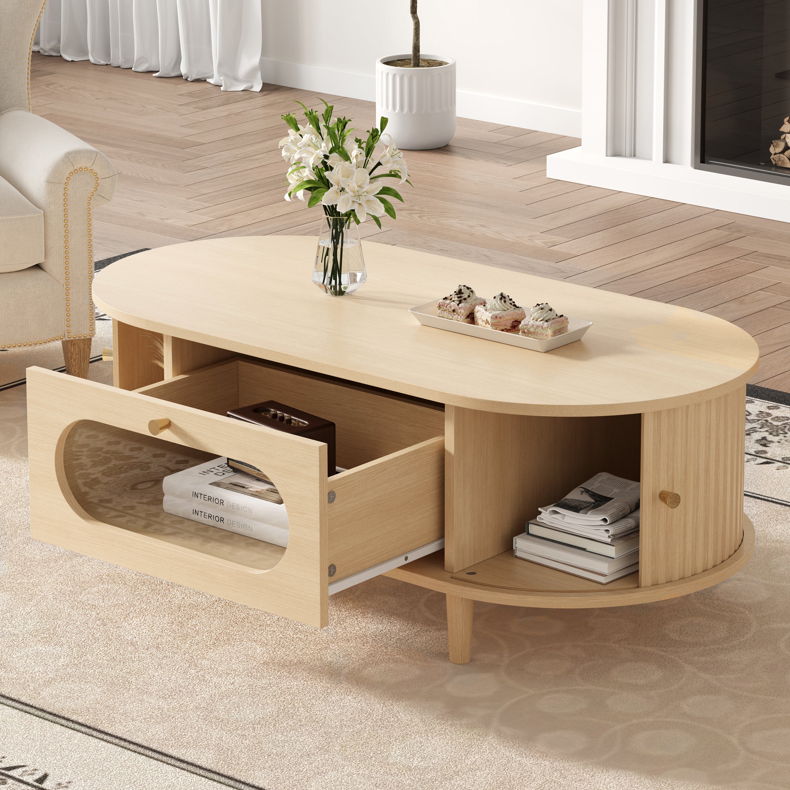 Wood Coffee Table with Drawer and Roller Door, 39 in